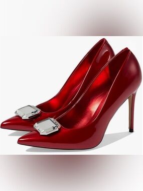 Nine West Red Patent Pointed Heels with Crystal Buckle Size 6